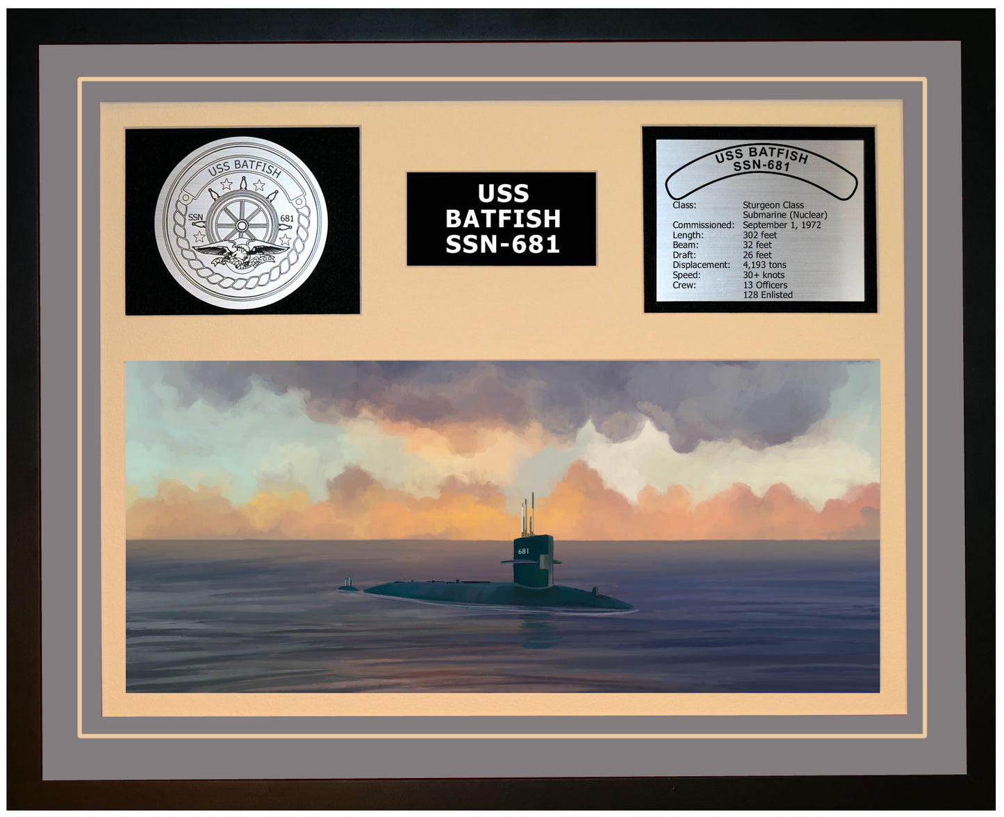 USS BATFISH SSN-681 Framed Navy Ship Display Grey