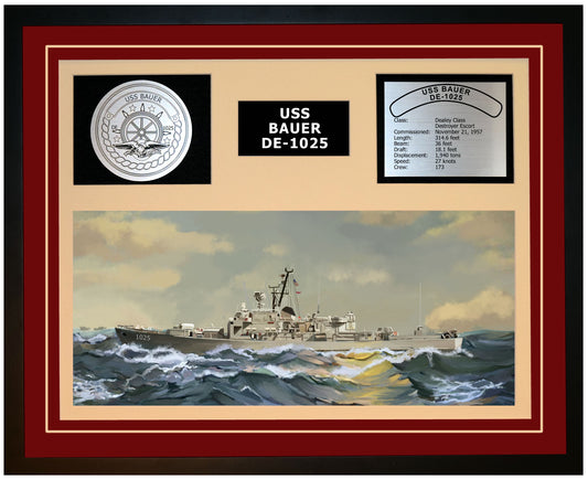 USS BAUER DE-1025 Framed Navy Ship Display Burgundy