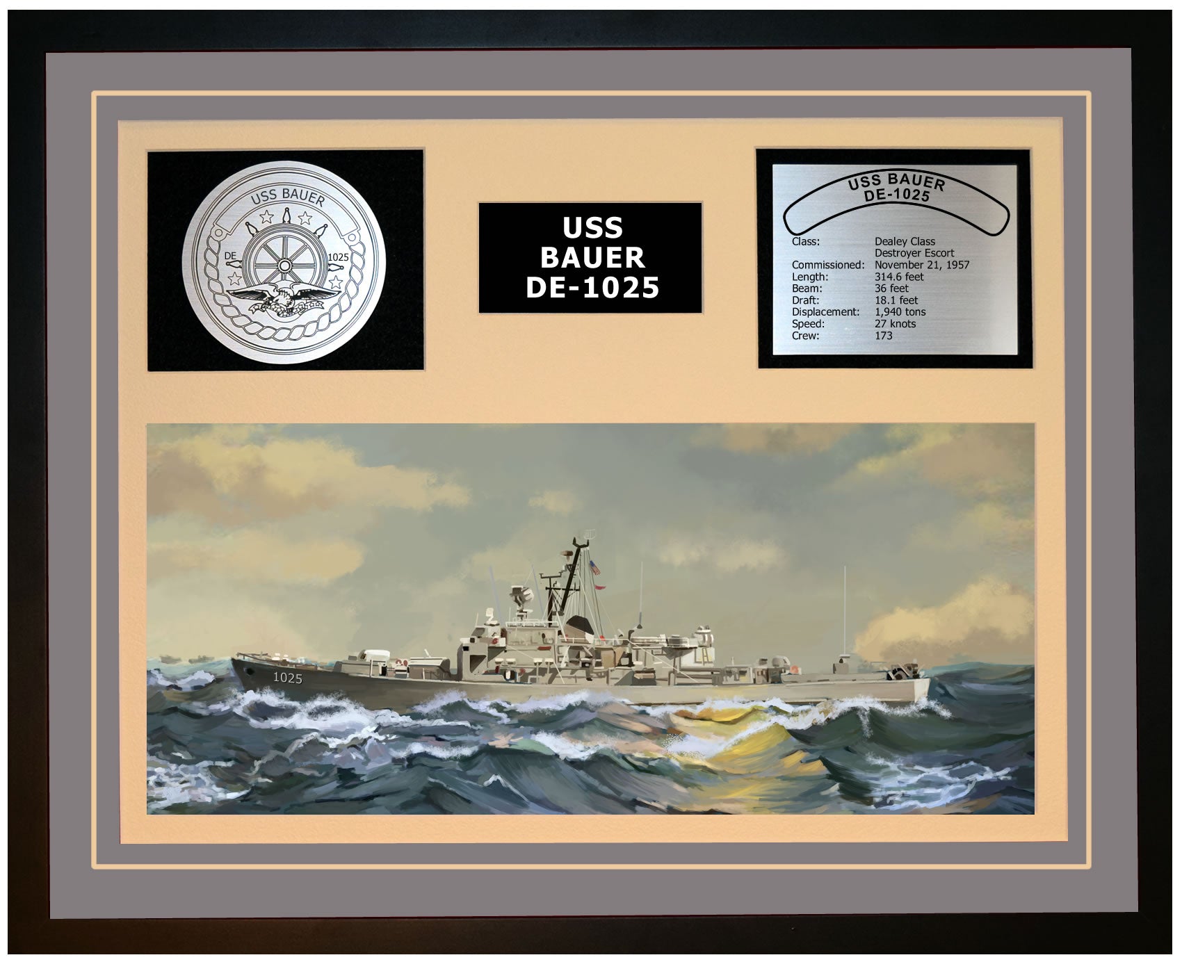 USS BAUER DE-1025 Framed Navy Ship Display Grey