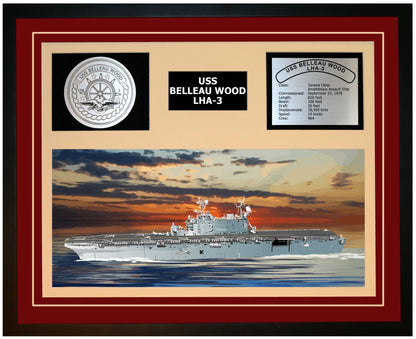 USS BELLEAU WOOD LHA-3 Framed Navy Ship Display Burgundy