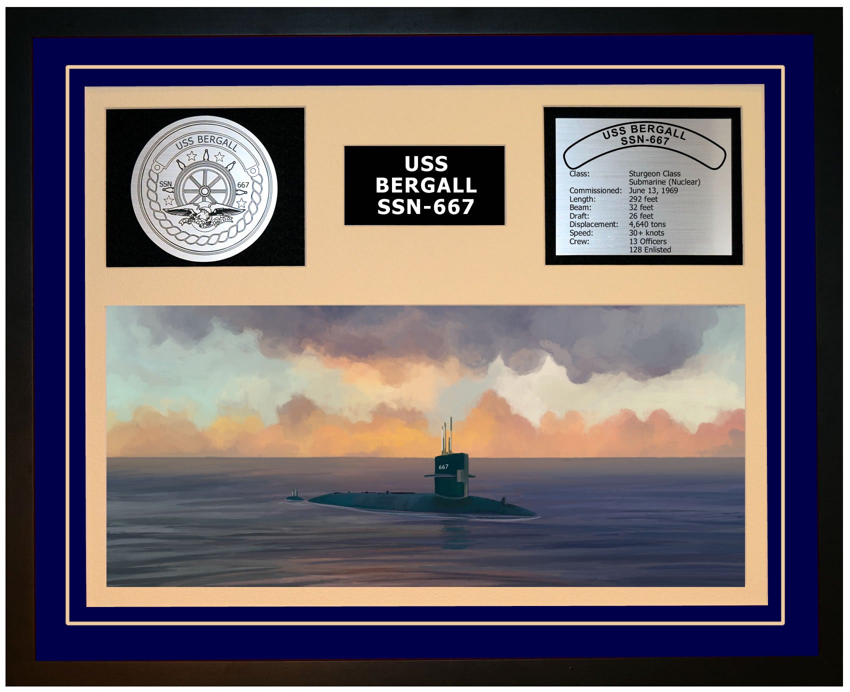 USS BERGALL SSN-667 Framed Navy Ship Display Blue