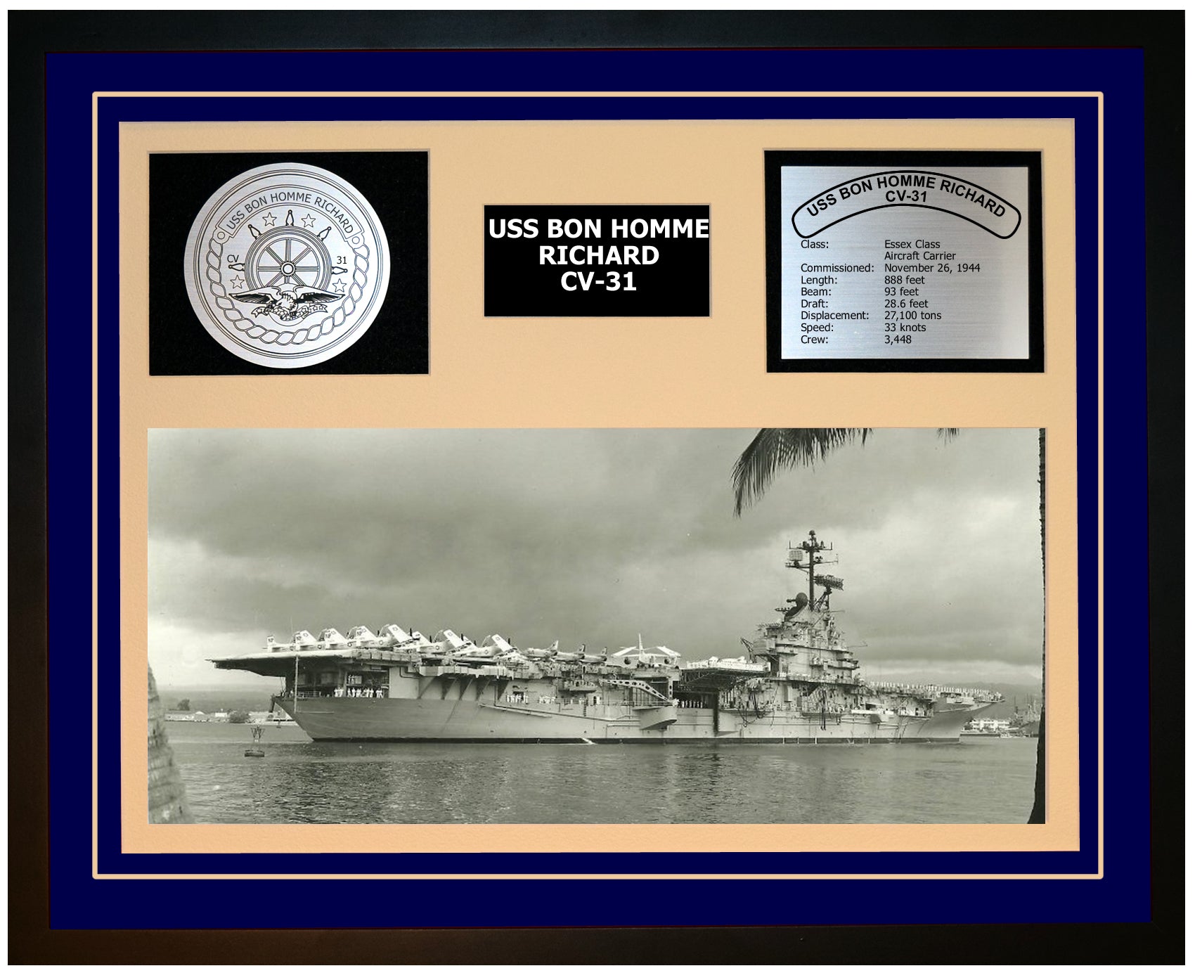 USS BON HOMME RICHARD CV-31 Framed Navy Ship Display Blue