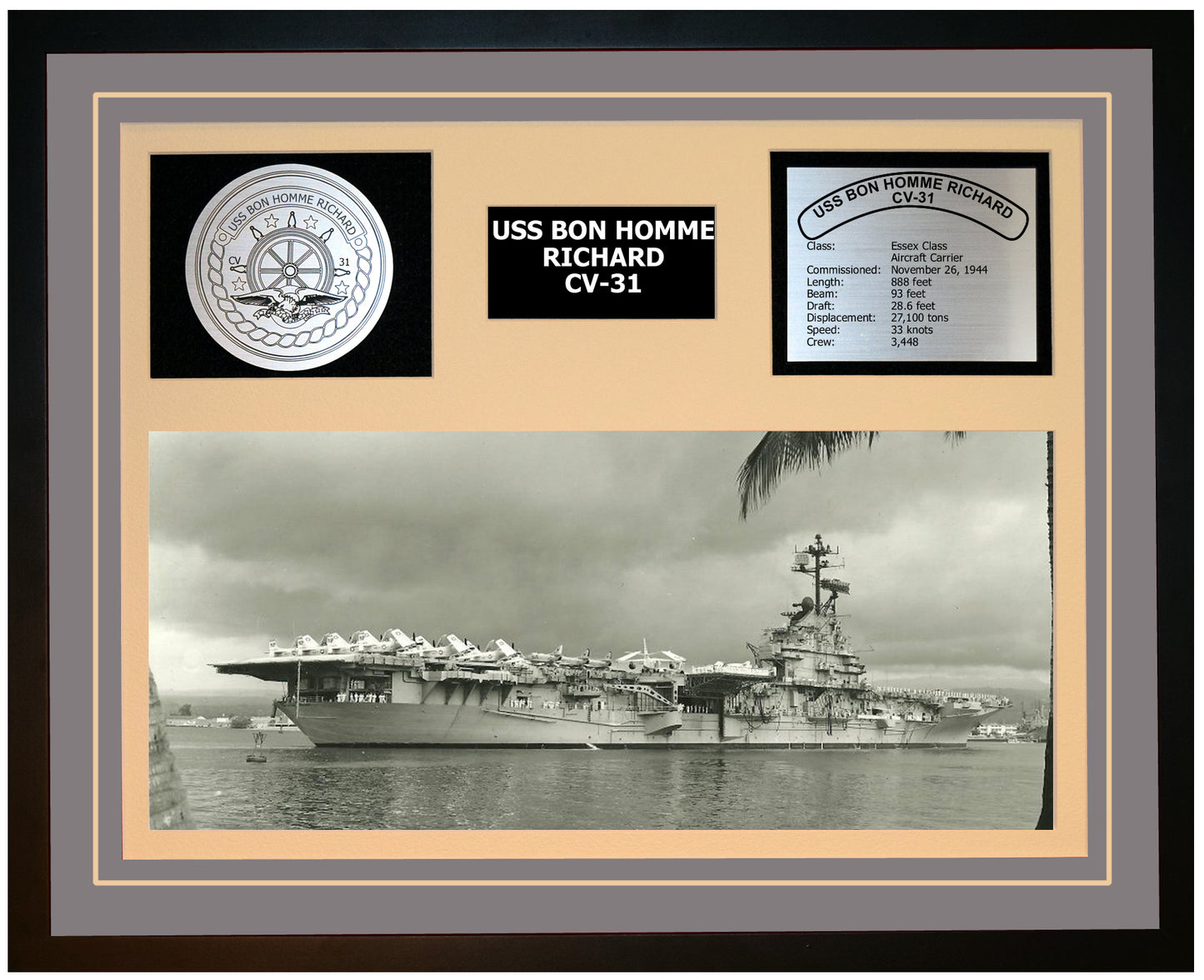 USS BON HOMME RICHARD CV-31 Framed Navy Ship Display Grey