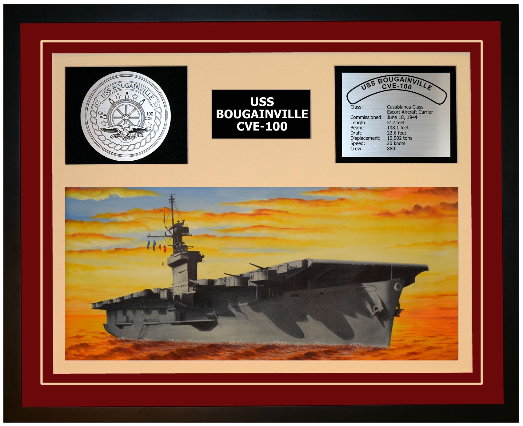 USS BOUGAINVILLE CVE-100 Framed Navy Ship Display Burgundy