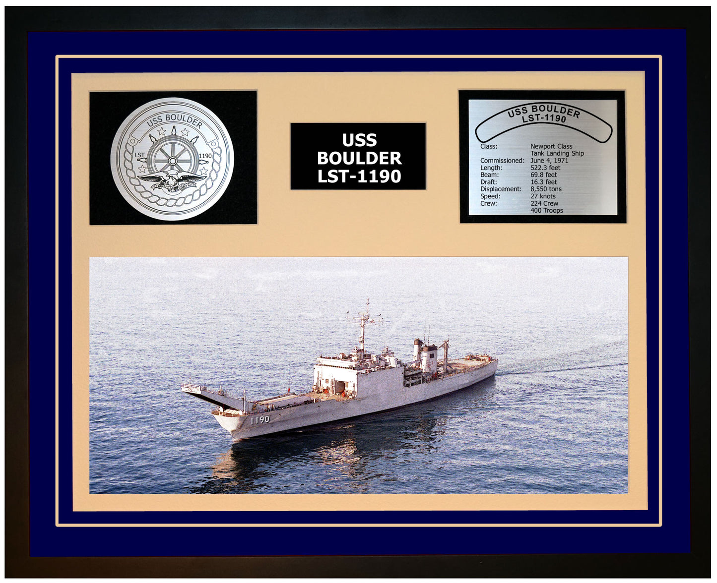 USS BOULDER LST-1190 Framed Navy Ship Display Blue