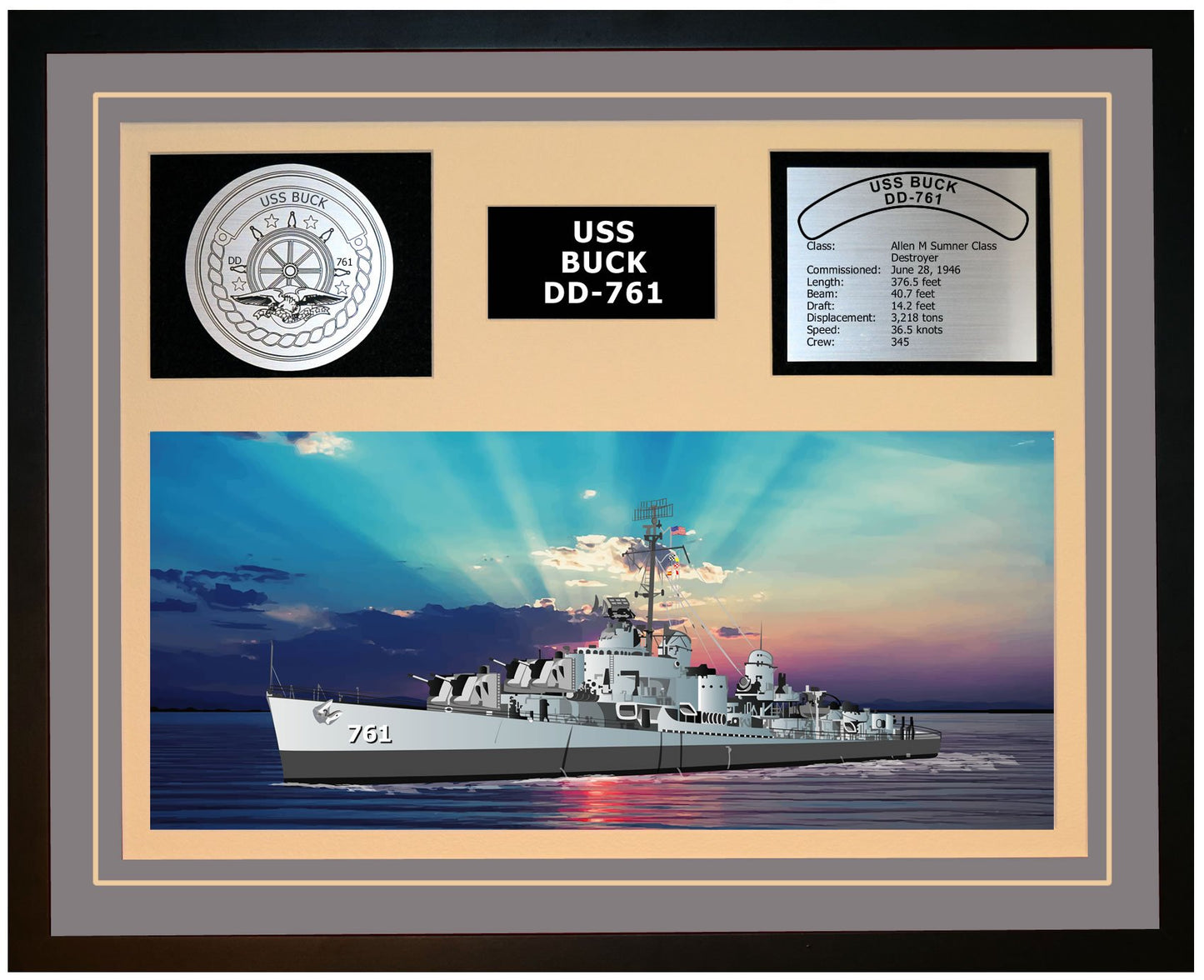 USS BUCK DD-761 Framed Navy Ship Display