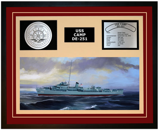 USS CAMP DE-251 Framed Navy Ship Display Burgundy