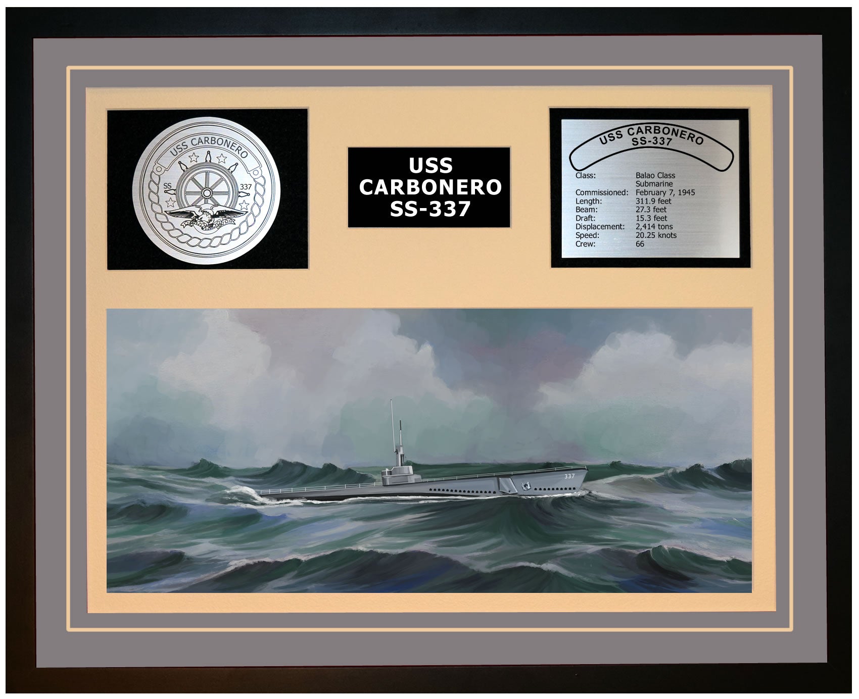 USS CARBONERO SS-337 Framed Navy Ship Display Grey