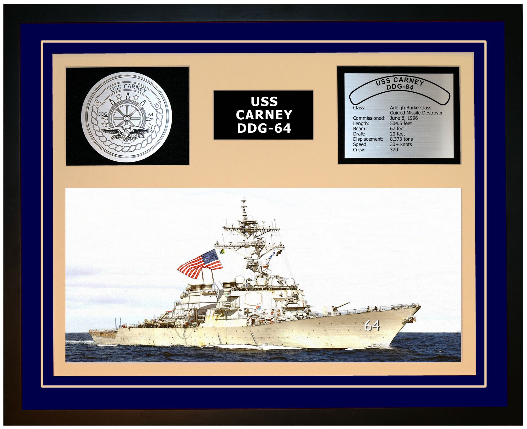 USS CARNEY DDG-64 Framed Navy Ship Display Blue