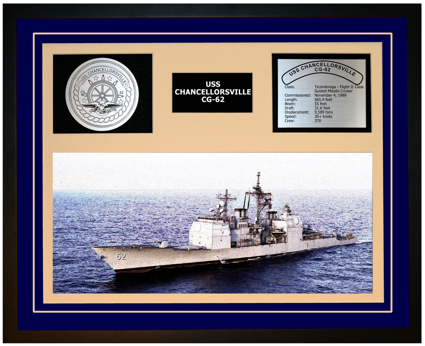 USS CHANCELLORSVILLE CG-62 Framed Navy Ship Display Blue