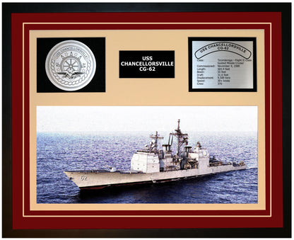 USS CHANCELLORSVILLE CG-62 Framed Navy Ship Display Burgundy