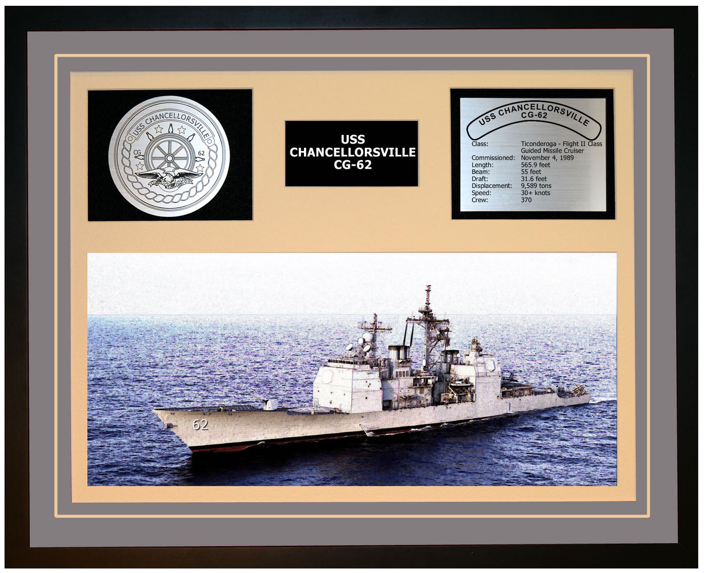 USS CHANCELLORSVILLE CG-62 Framed Navy Ship Display Grey