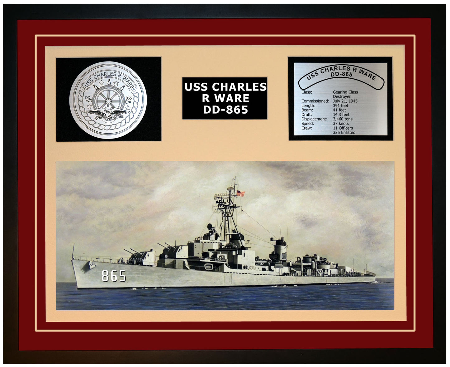 USS CHARLES R WARE DD-865 Framed Navy Ship Display Burgundy