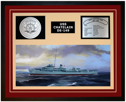 USS CHATELAIN DE-149 Framed Navy Ship Display Burgundy