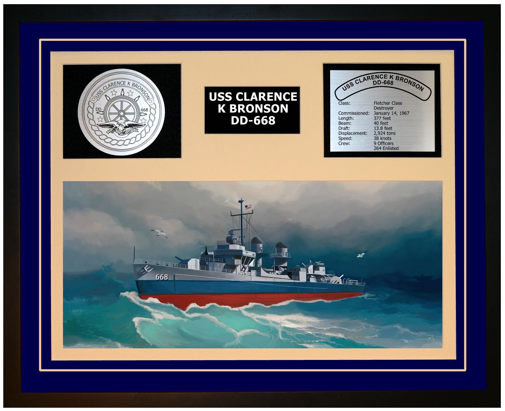USS CLARENCE K BRONSON DD-668 Framed Navy Ship Display Blue