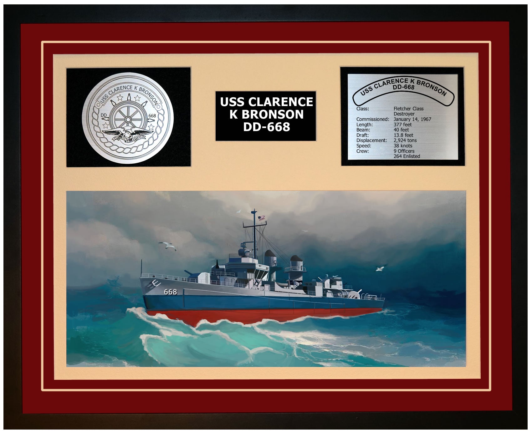 USS CLARENCE K BRONSON DD-668 Framed Navy Ship Display Burgundy