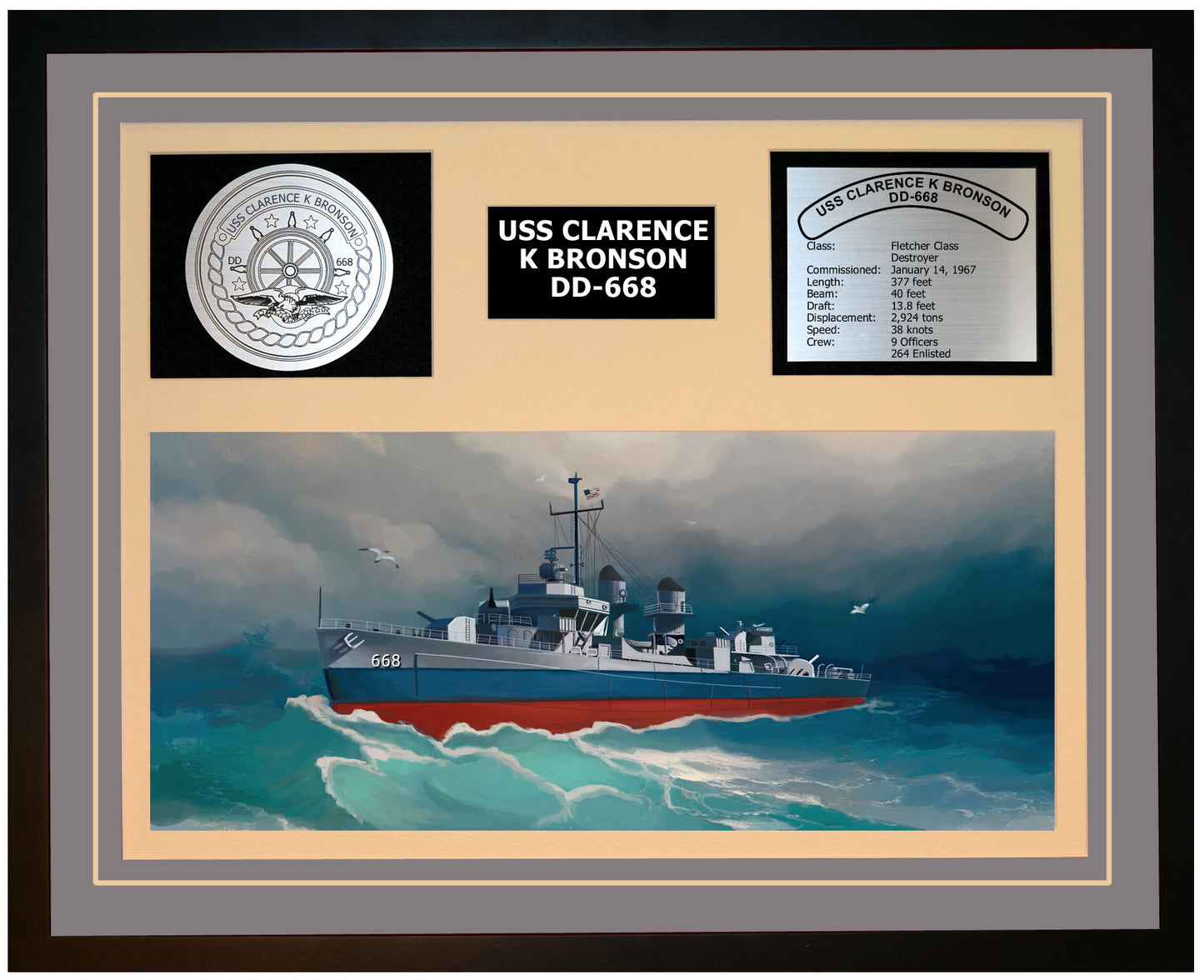 USS CLARENCE K BRONSON DD-668 Framed Navy Ship Display Grey