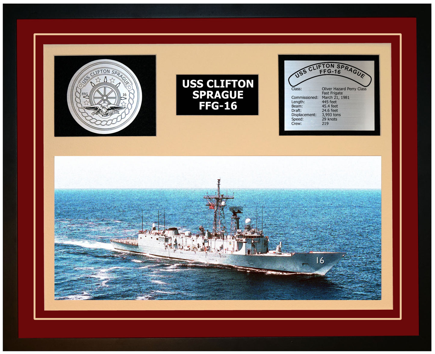 USS CLIFTON SPRAGUE FFG-16 Framed Navy Ship Display Burgundy