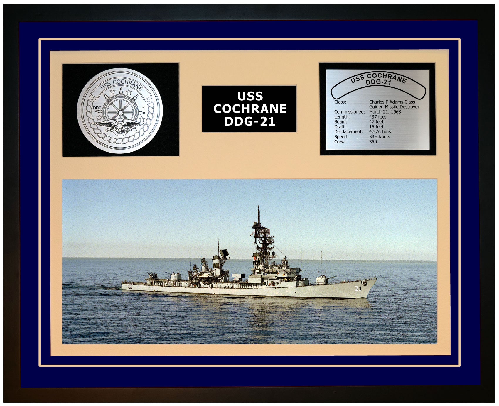 USS COCHRANE DDG-21 Framed Navy Ship Display Blue