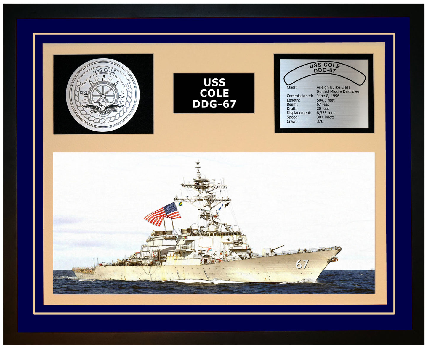USS COLE DDG-67 Framed Navy Ship Display Blue