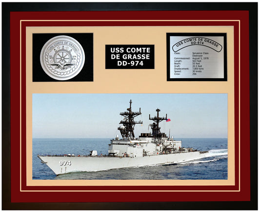 USS COMTE DE GRASSE DD-974 Framed Navy Ship Display Burgundy