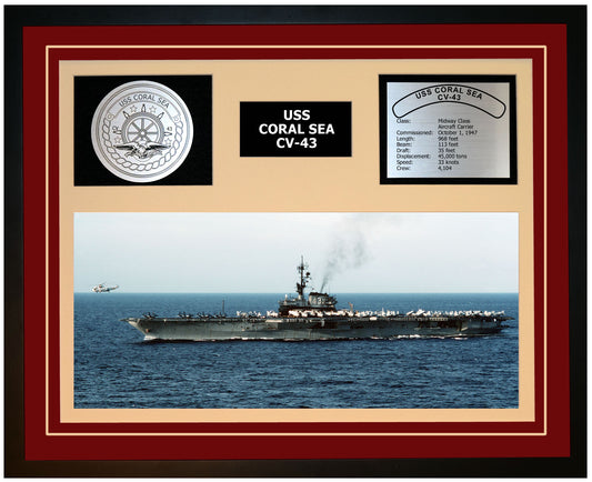 USS CORAL SEA CV-43 Framed Navy Ship Display Burgundy