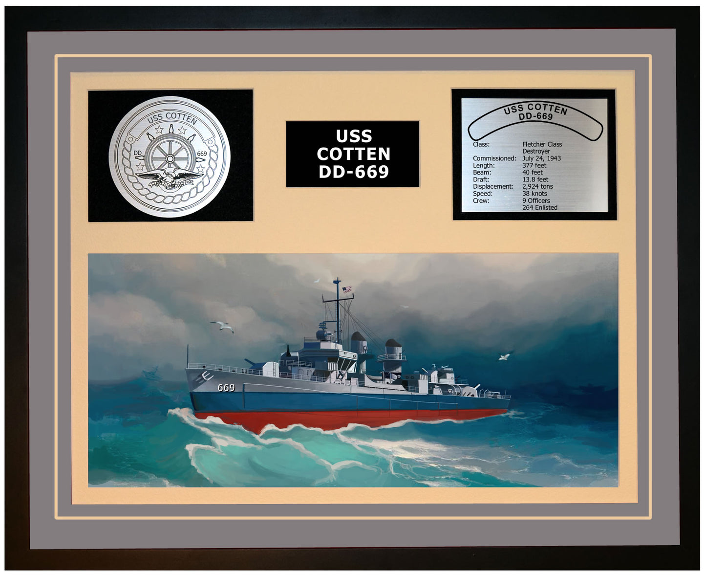 USS COTTEN DD-669 Framed Navy Ship Display Grey