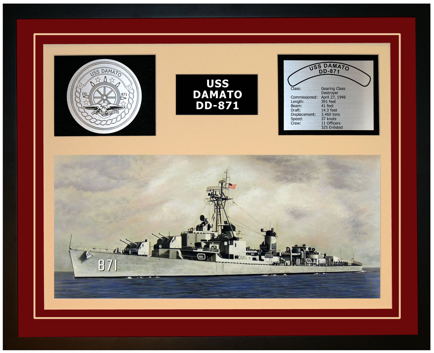 USS DAMATO DD-871 Framed Navy Ship Display Burgundy