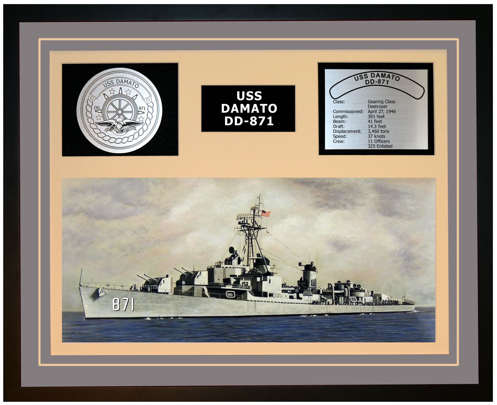 USS DAMATO DD-871 Framed Navy Ship Display Grey