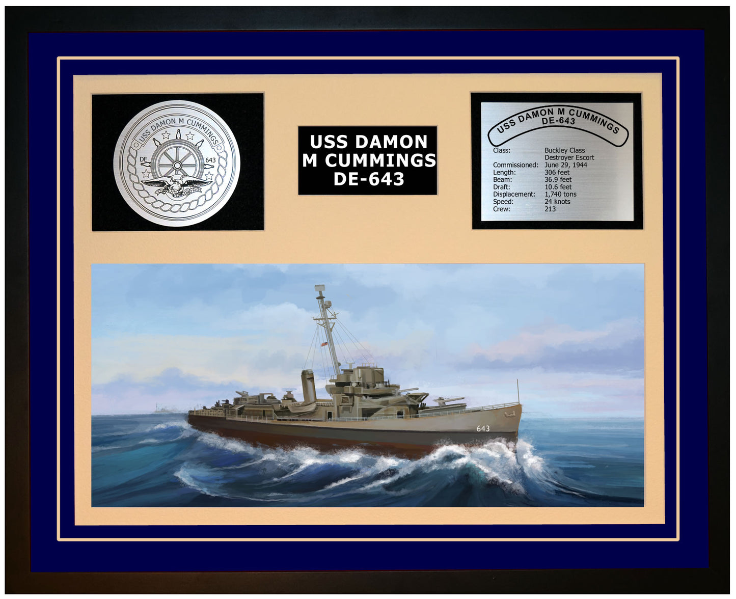 USS DAMON M CUMMINGS DE-643 Framed Navy Ship Display Blue