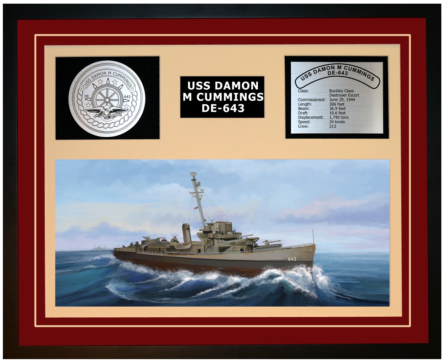 USS DAMON M CUMMINGS DE-643 Framed Navy Ship Display Burgundy