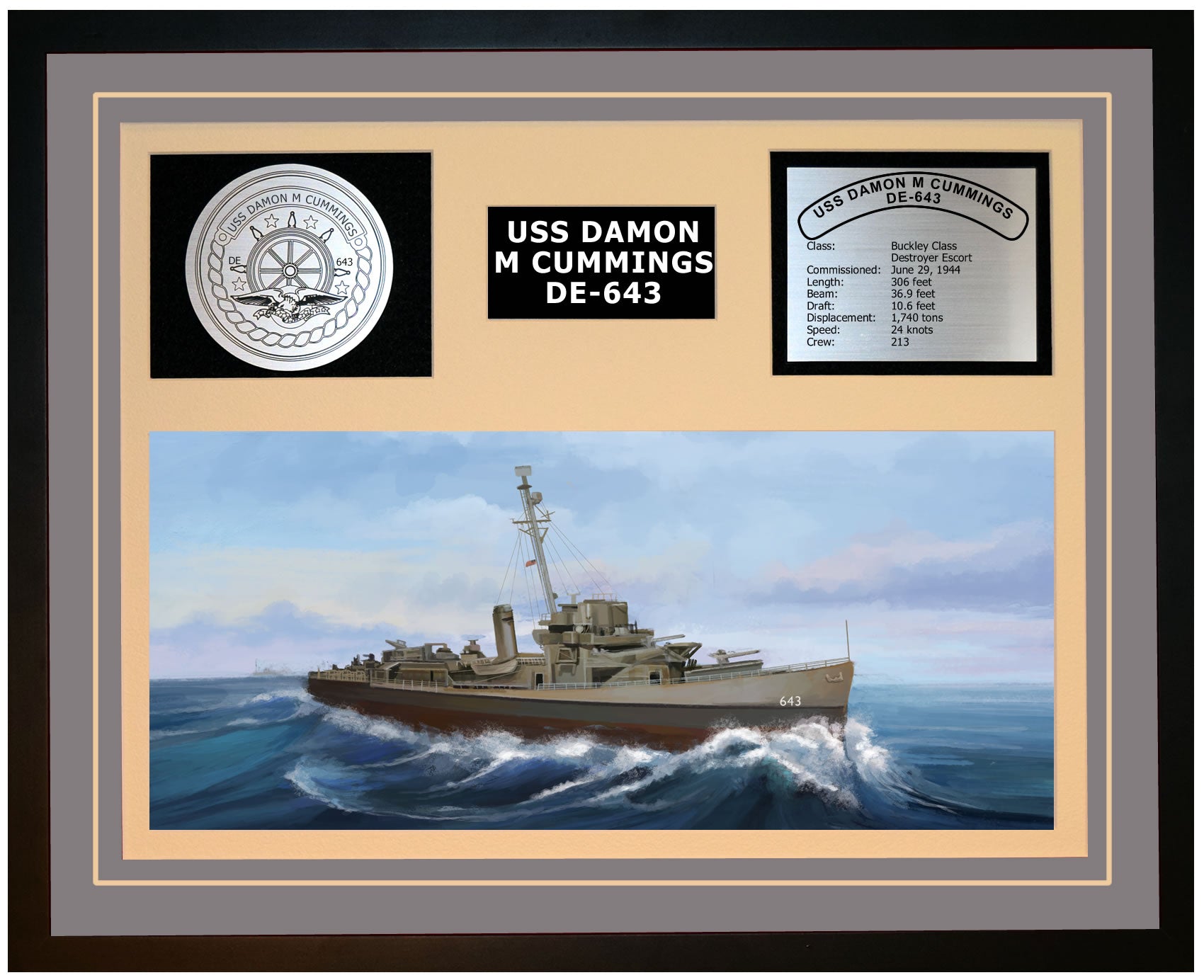 USS DAMON M CUMMINGS DE-643 Framed Navy Ship Display Grey