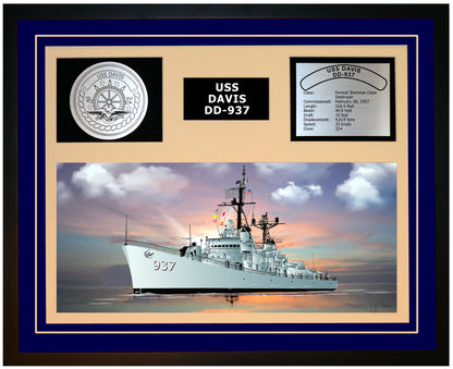USS DAVIS DD-937 Framed Navy Ship Display Blue