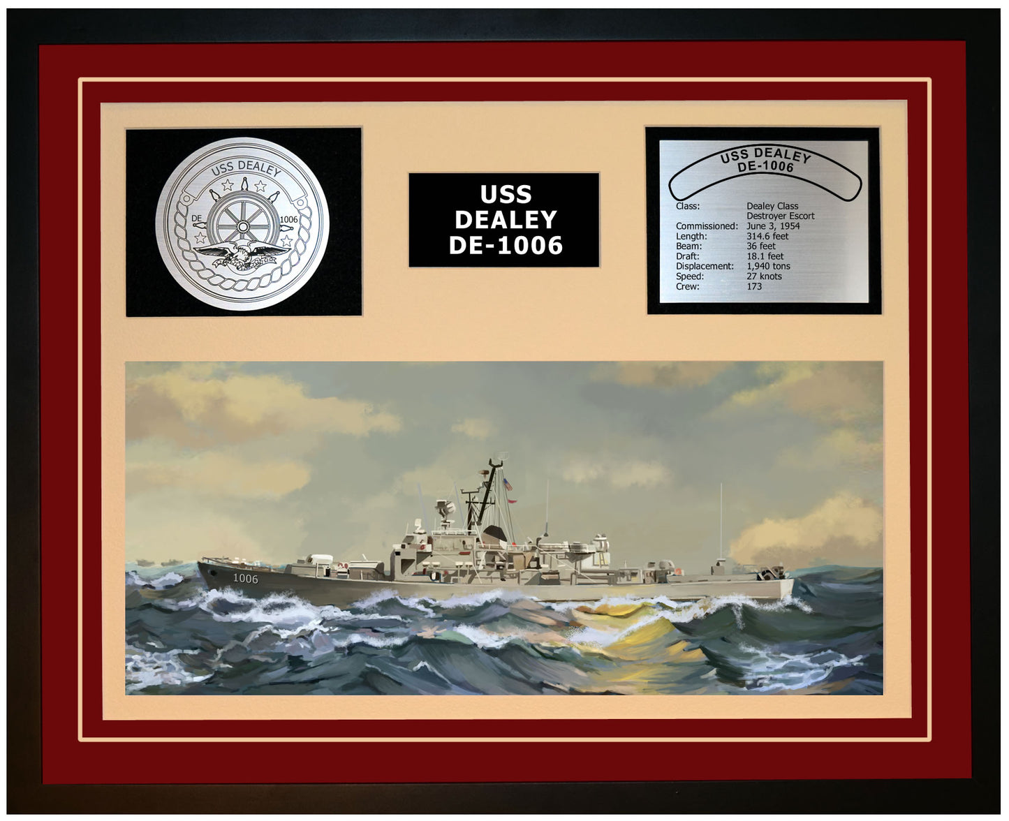 USS DEALEY DE-1006 Framed Navy Ship Display Burgundy