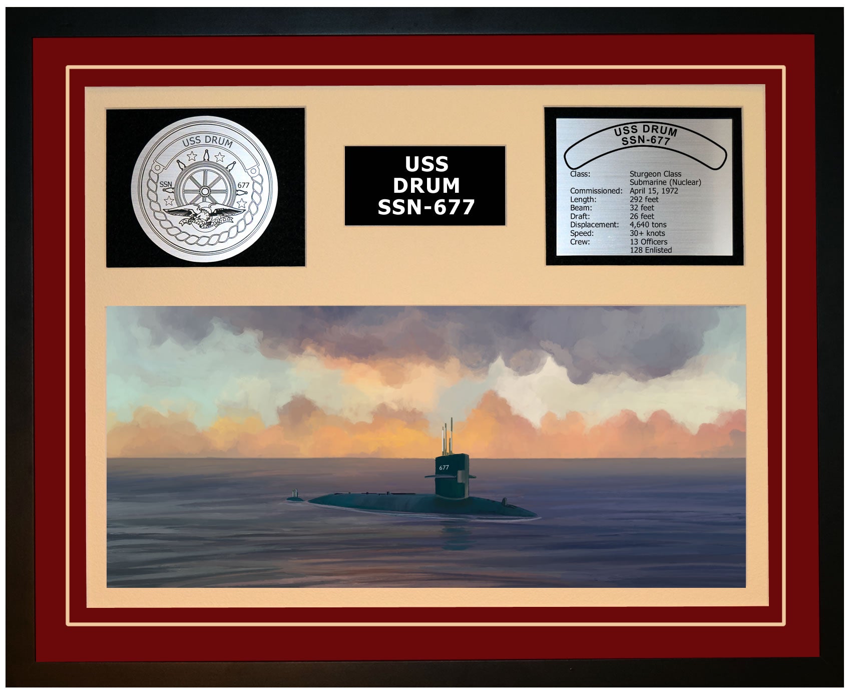 USS DRUM SSN-677 Framed Navy Ship Display Burgundy