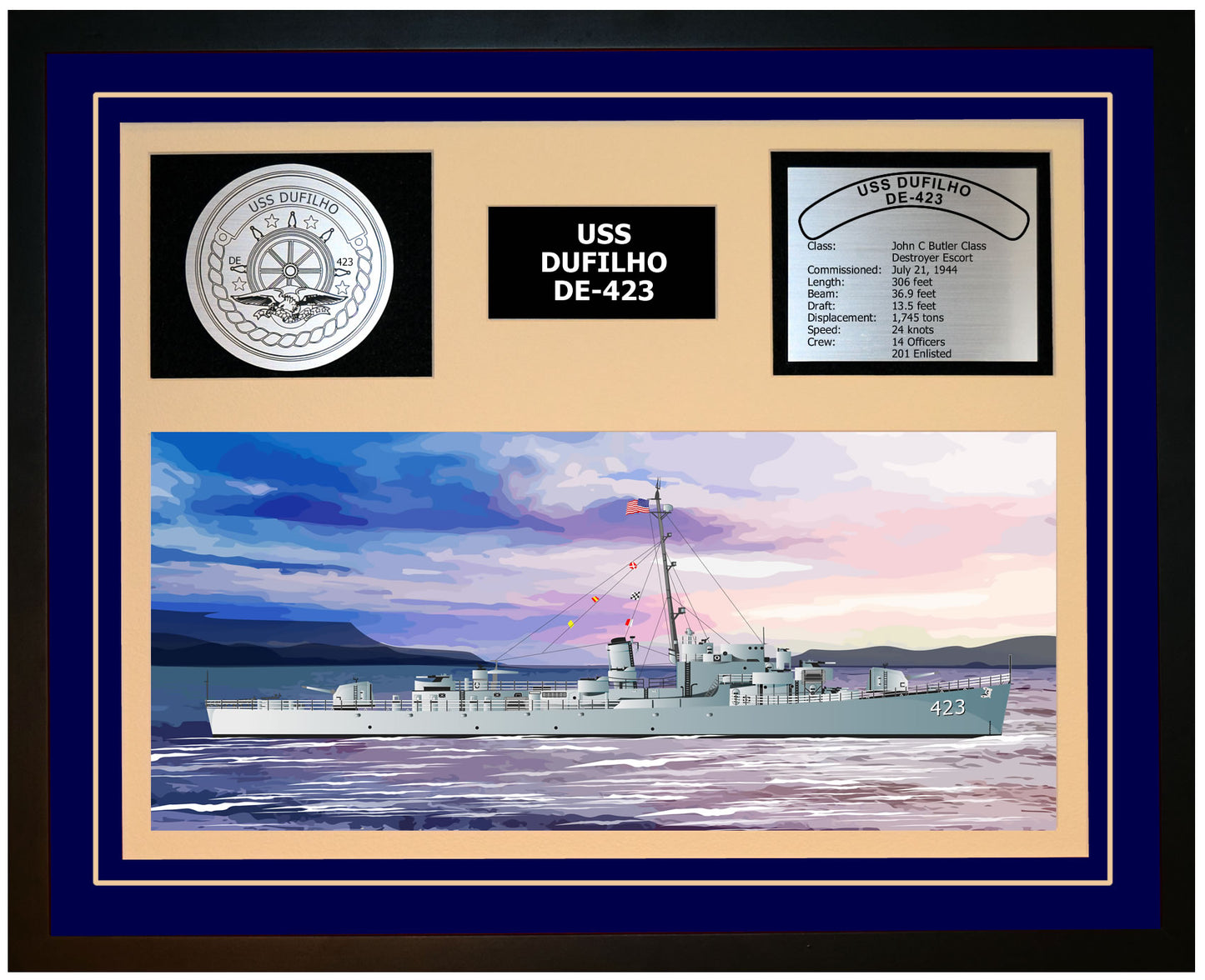 USS DUFILHO DE-423 Framed Navy Ship Display Blue