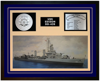 USS EDISON DD-439 Framed Navy Ship Display Blue
