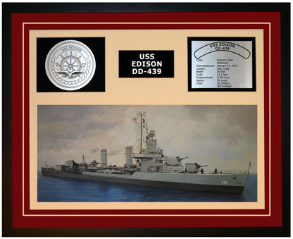 USS EDISON DD-439 Framed Navy Ship Display Burgundy
