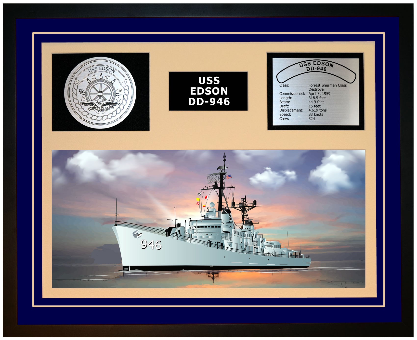 USS EDSON DD-946 Framed Navy Ship Display Blue
