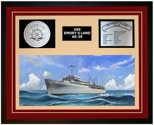 USS EMORY S LAND AS-39 Framed Navy Ship Display Burgundy