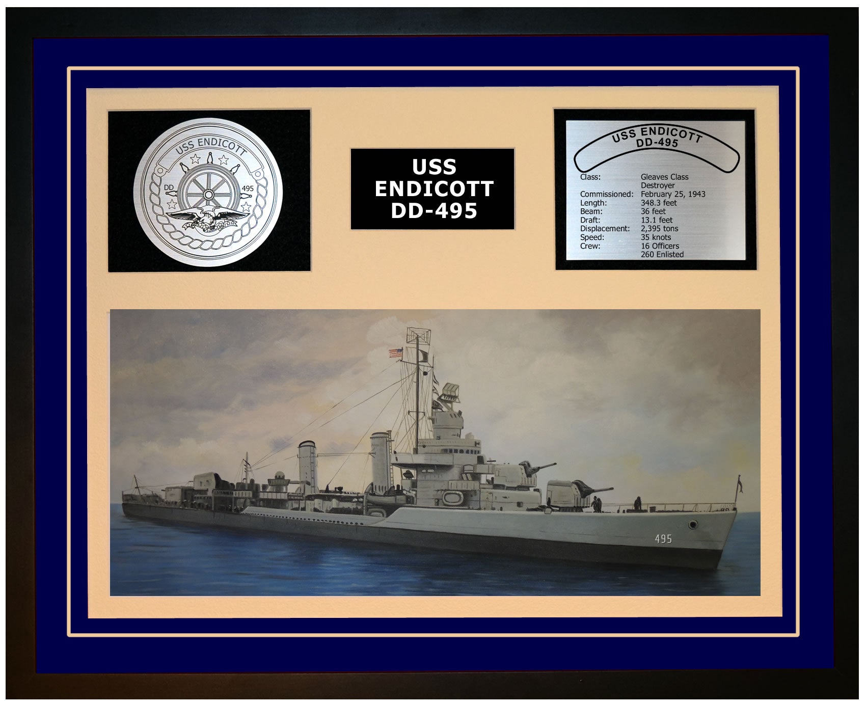 USS ENDICOTT DD-495 Framed Navy Ship Display Blue
