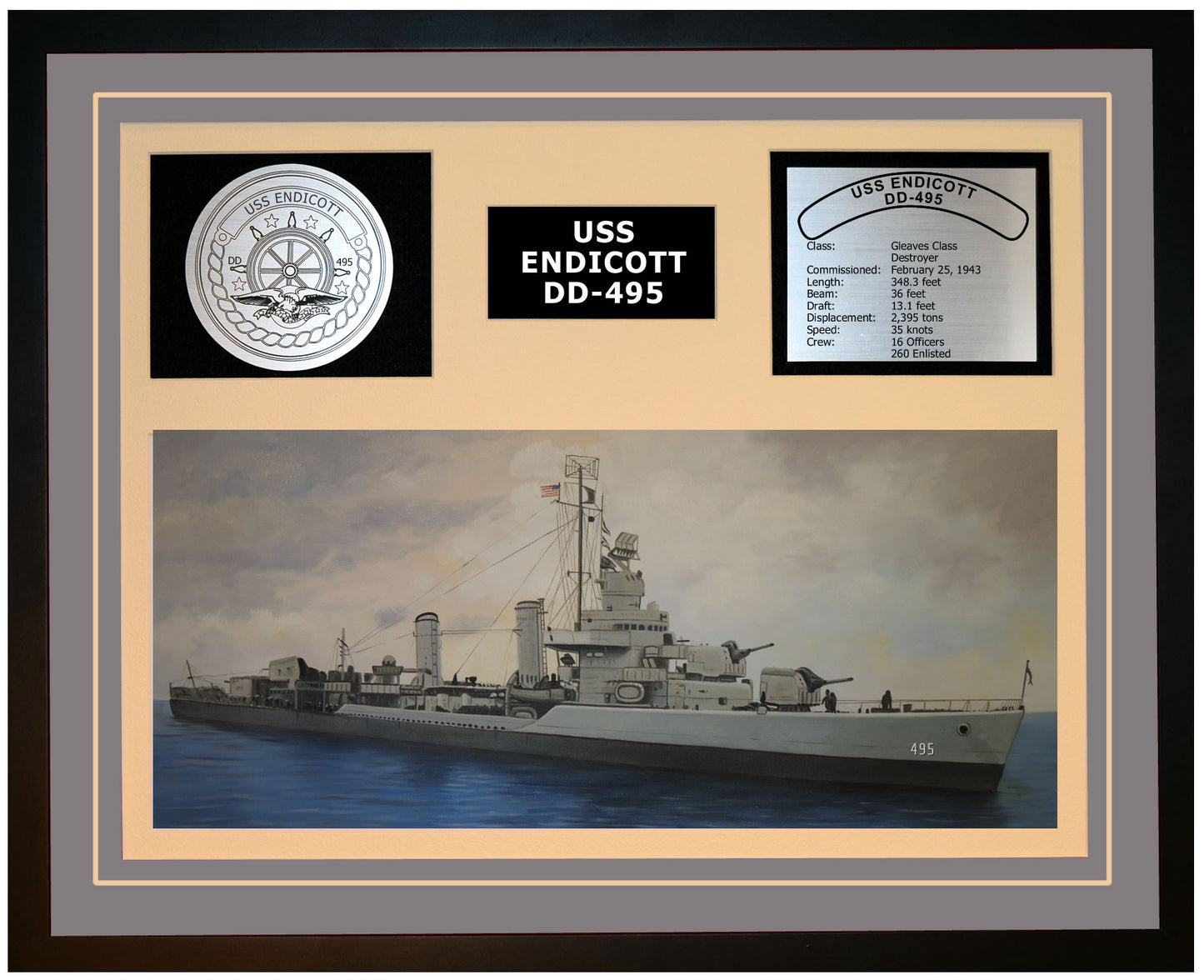 USS ENDICOTT DD-495 Framed Navy Ship Display Grey