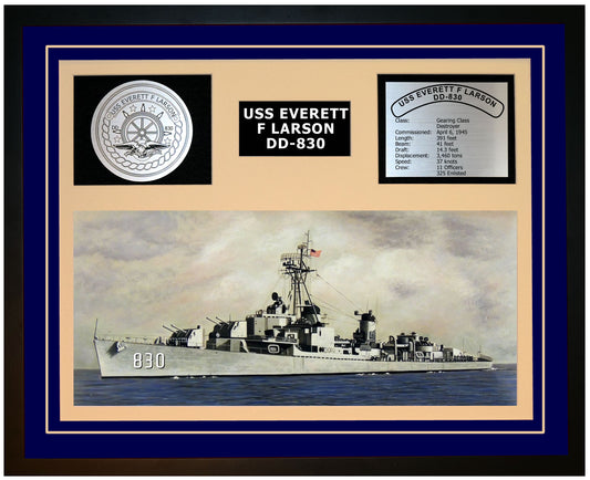 USS EVERETT F LARSON DD-830 Framed Navy Ship Display Blue