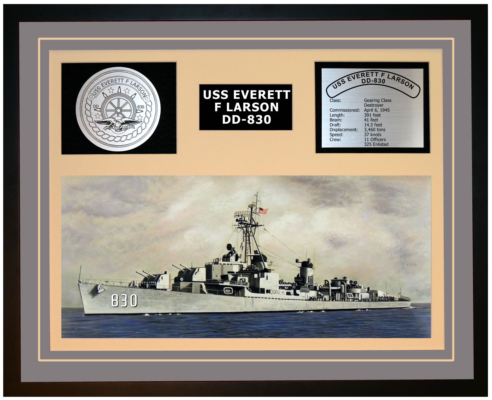USS EVERETT F LARSON DD-830 Framed Navy Ship Display Grey