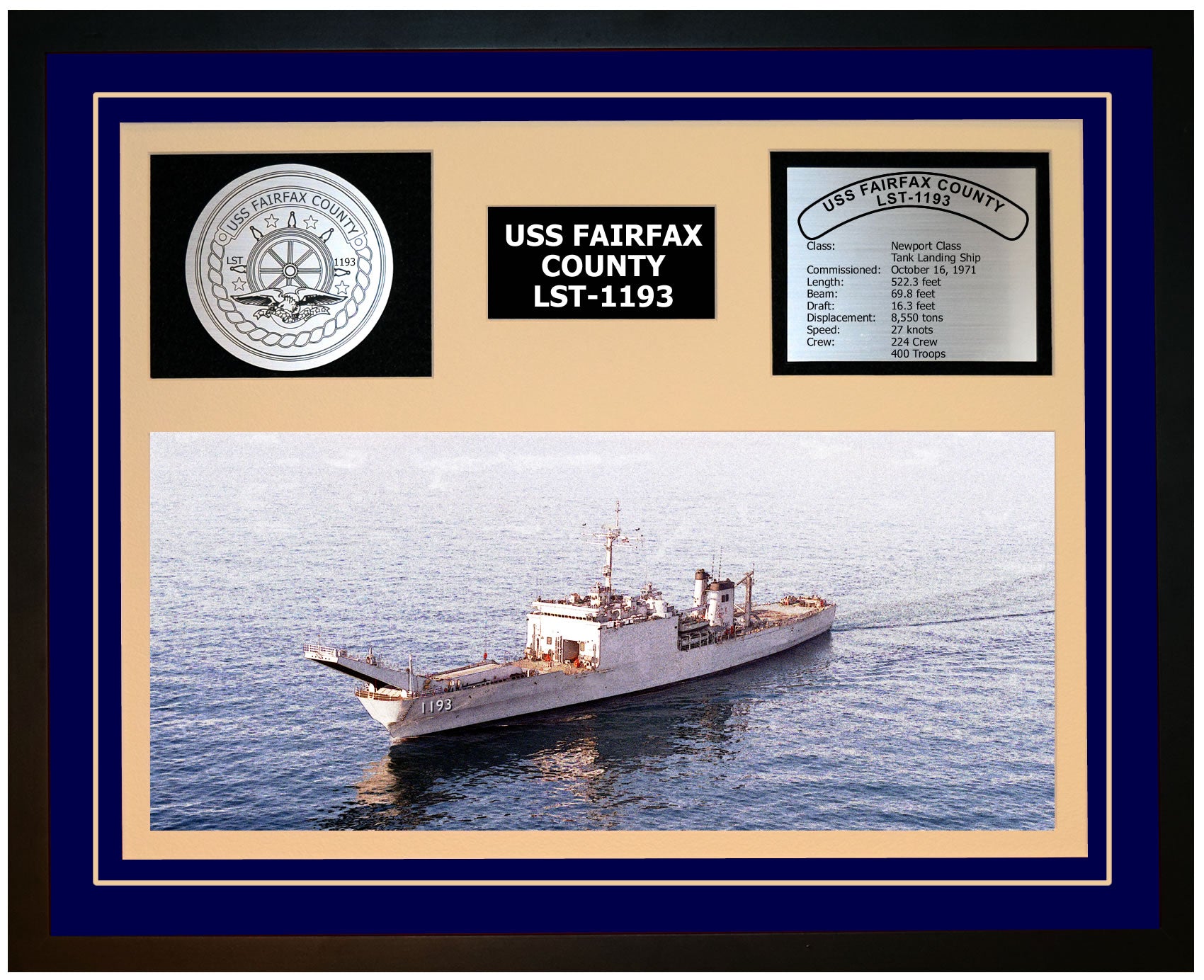 USS FAIRFAX COUNTY LST-1193 Framed Navy Ship Display Blue