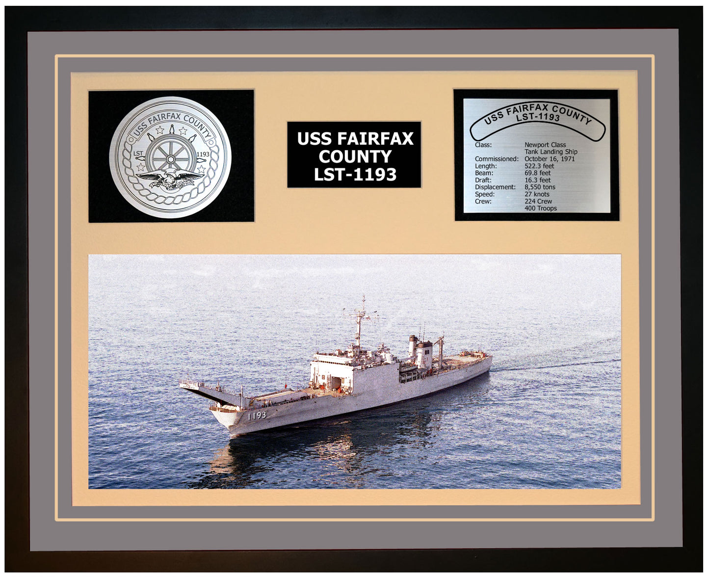 USS FAIRFAX COUNTY LST-1193 Framed Navy Ship Display Grey