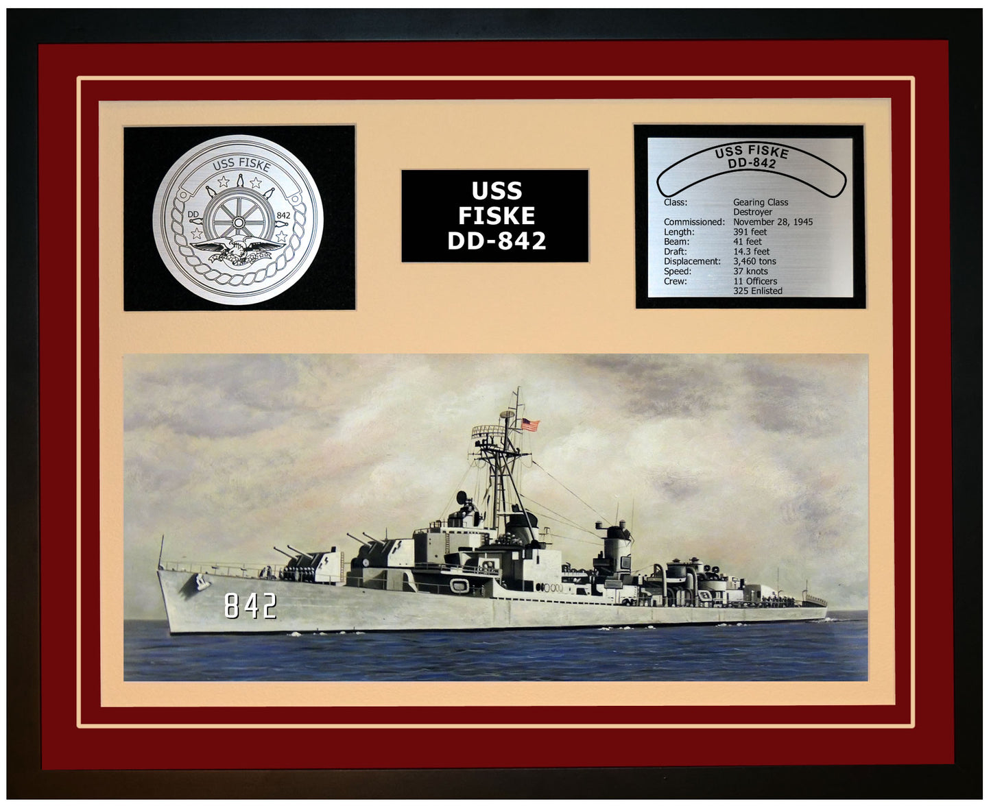 USS FISKE DD-842 Framed Navy Ship Display Burgundy