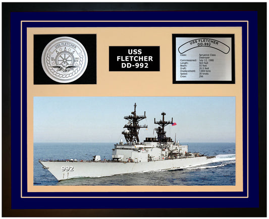 USS FLETCHER DD-992 Framed Navy Ship Display Blue