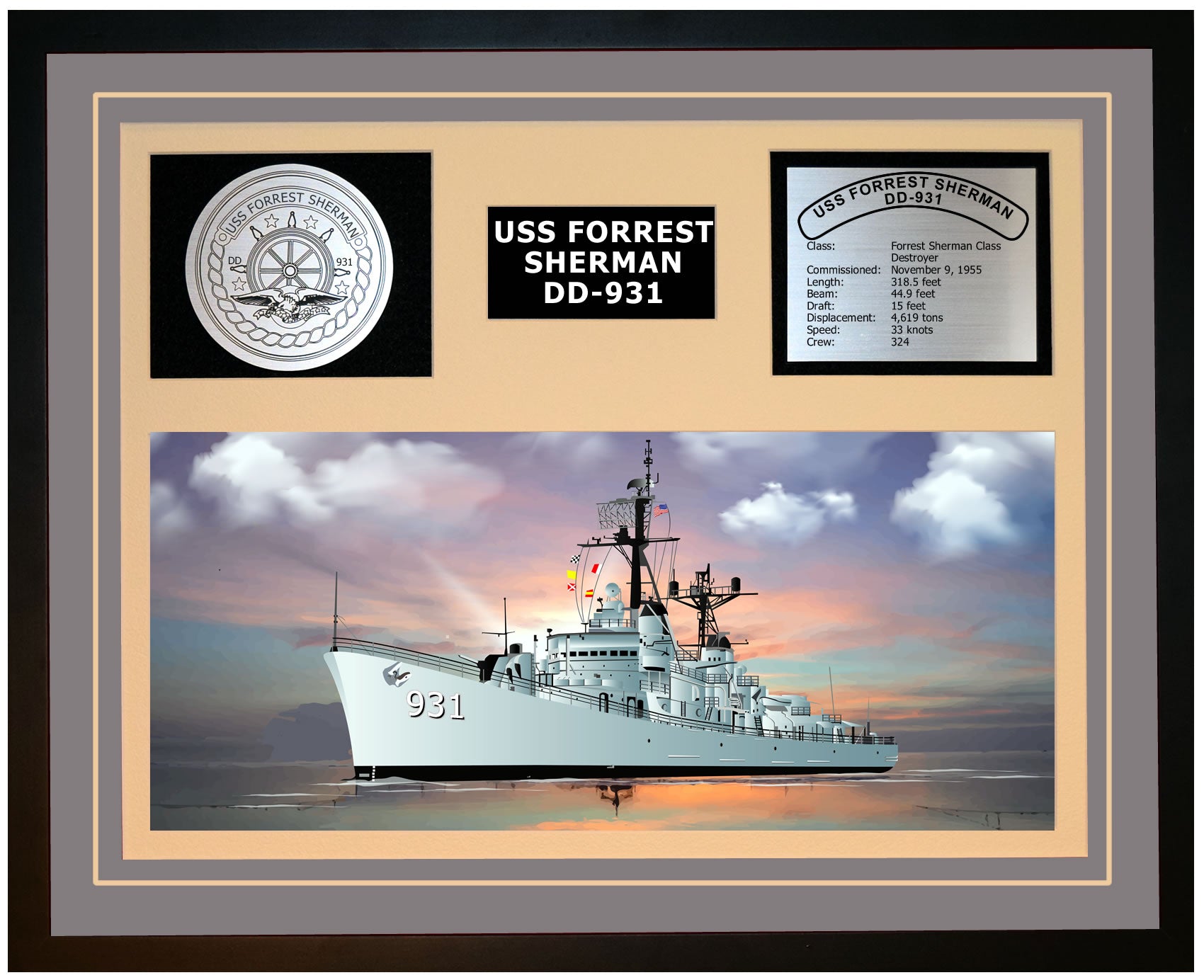 USS FORREST SHERMAN DD-931 Framed Navy Ship Display Grey