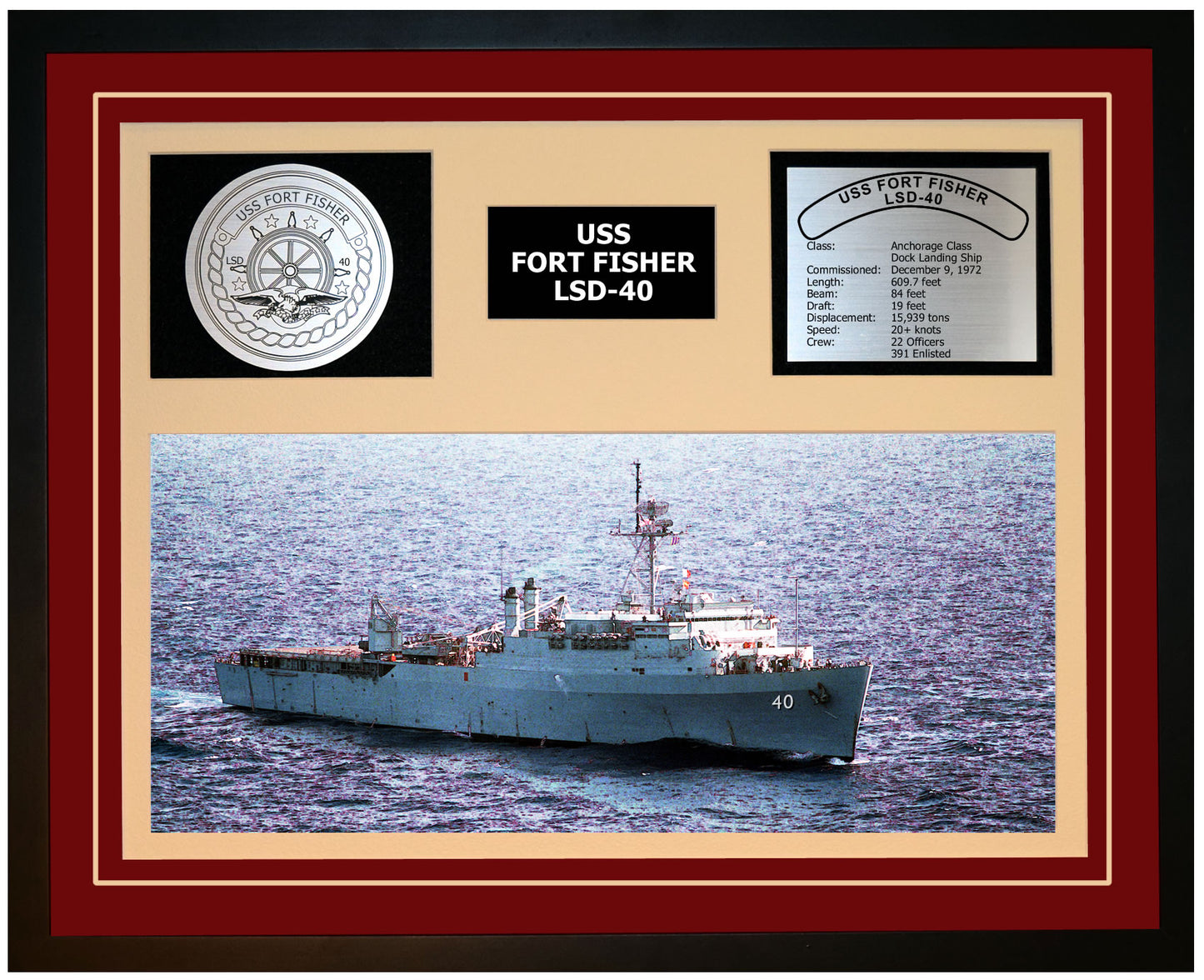 USS FORT FISHER LSD-40 Framed Navy Ship Display Burgundy